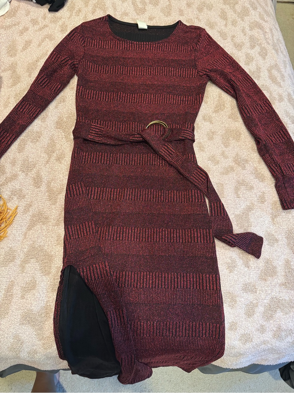 Long Sleeve Burgundy Knit Belted Dress